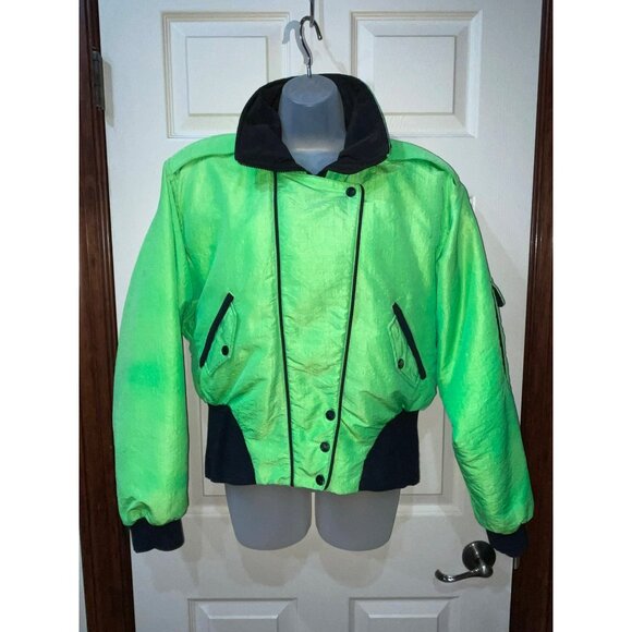 Vintage Nils Neon Green Womens Ski Jacket Size 10 Warm Retro Style With Zipper P - Picture 8 of 10